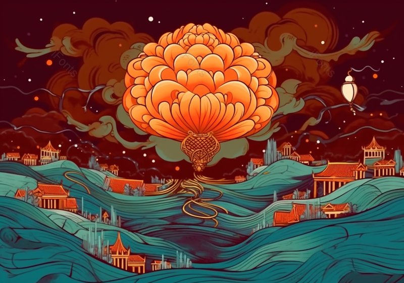 古建筑群莲花国潮节日背景插画,插画/手绘图,插画/手绘图库,插画/手绘图下载,插画/手绘